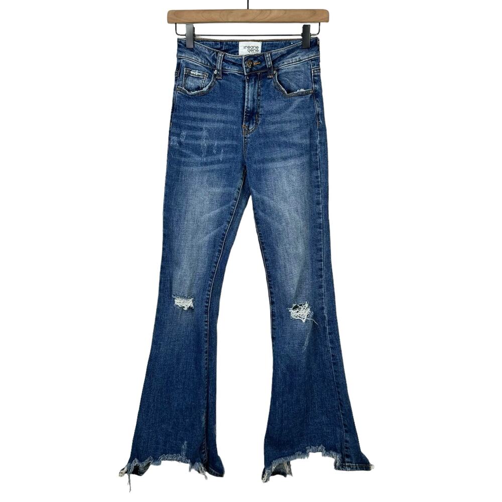 Insane Gene Medium Wash High Rise Distressed Frayed Hem Flare Jeans